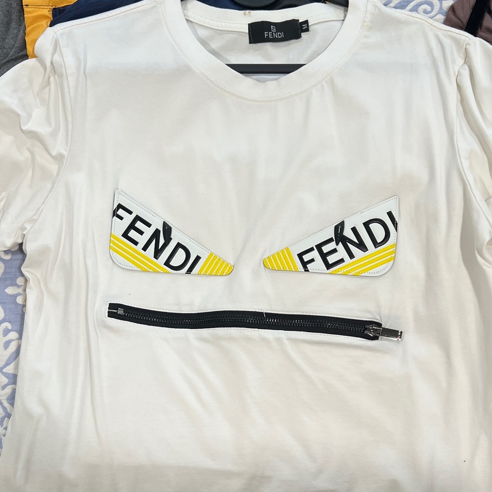 Fendi White Tee with Yellow Logo Eye Patches and Black Zip